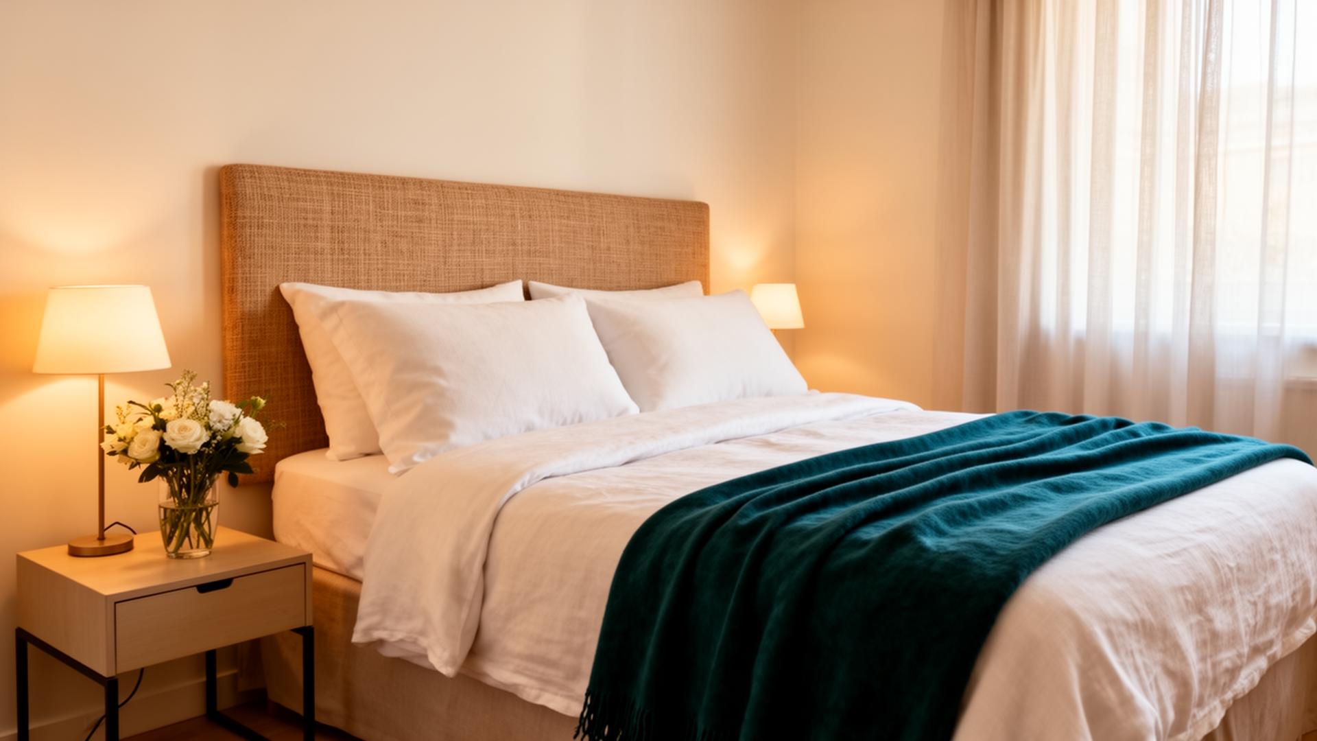 Boutique bedroom with teal throw
