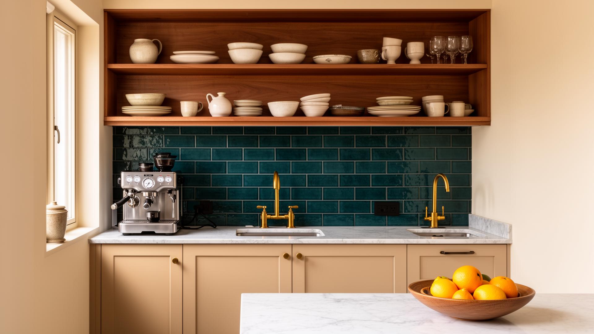 Stylish kitchen with teal subway tile